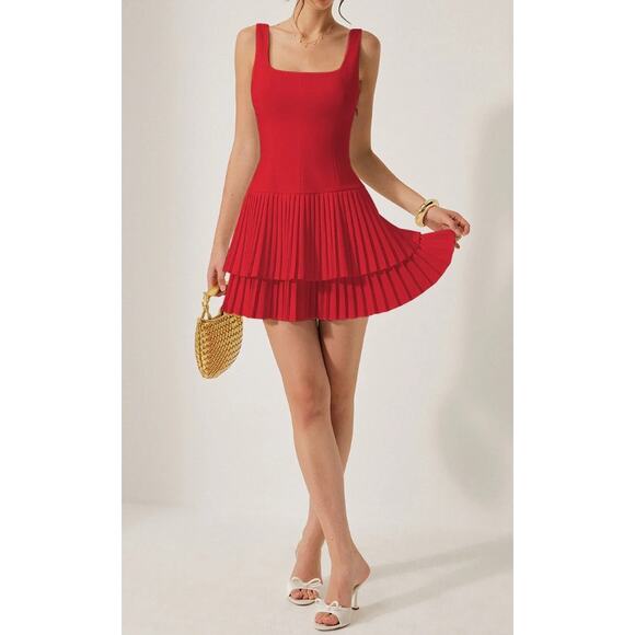 Commense Red Pleated Square-Neck Mini Dress – Size XL - Picture 5 of 6